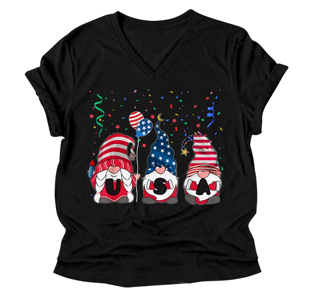 Personalized Three Gnomes Celebrating Independence USA Day 4th Of July V-Neck T-Shirt