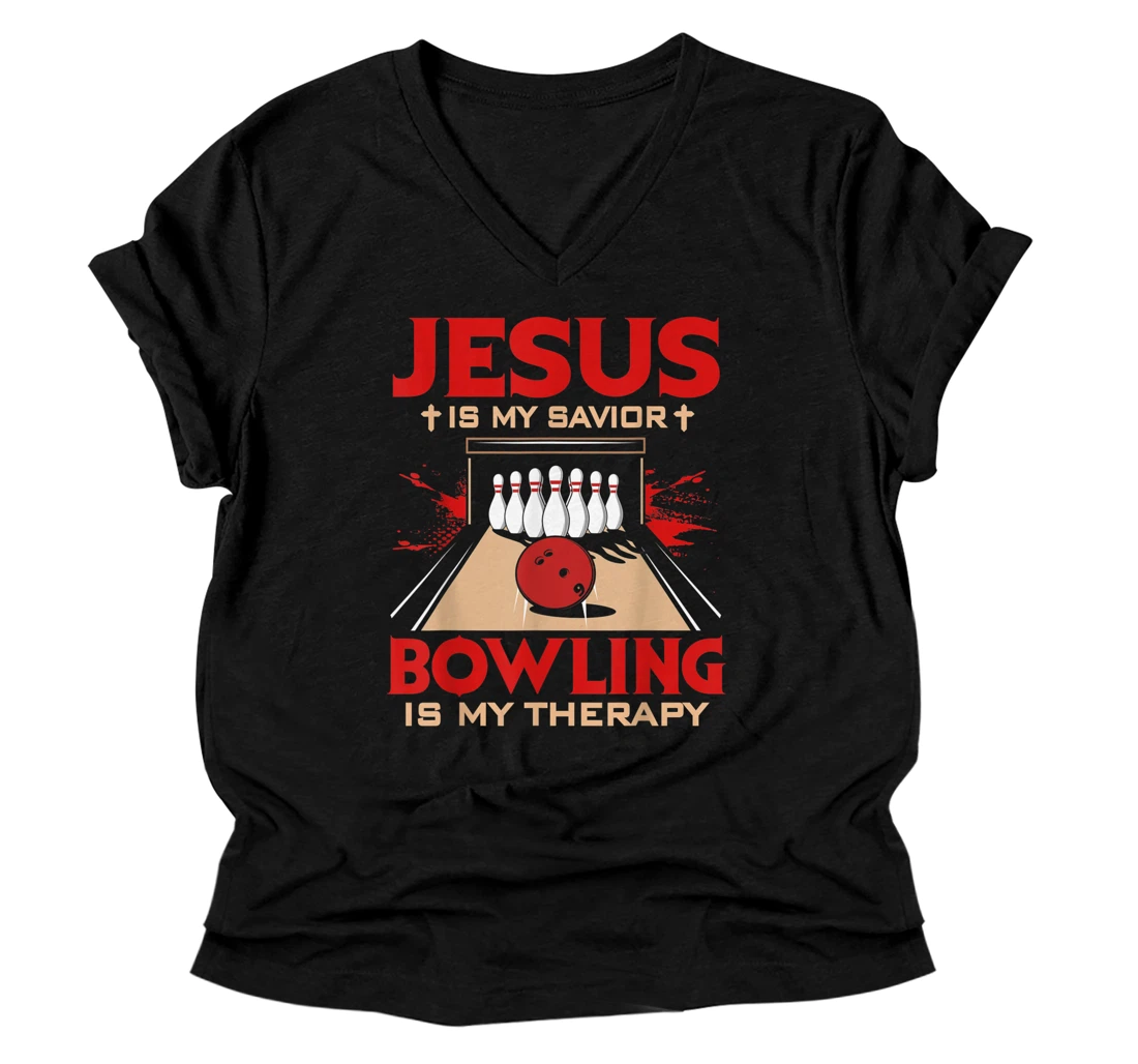 Personalized Jesus Is My Savior Bowling Is My Therapy V-Neck T-Shirt