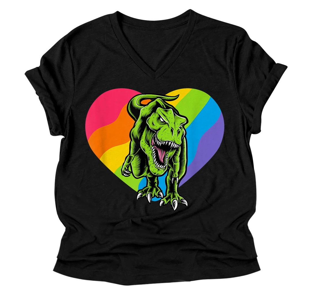 Personalized T-Rex Rawr Gay Pride V-Neck T-Shirt, Rainbow Flag V-Neck T-Shirt, Gay Shirt V-Neck T-Shirt