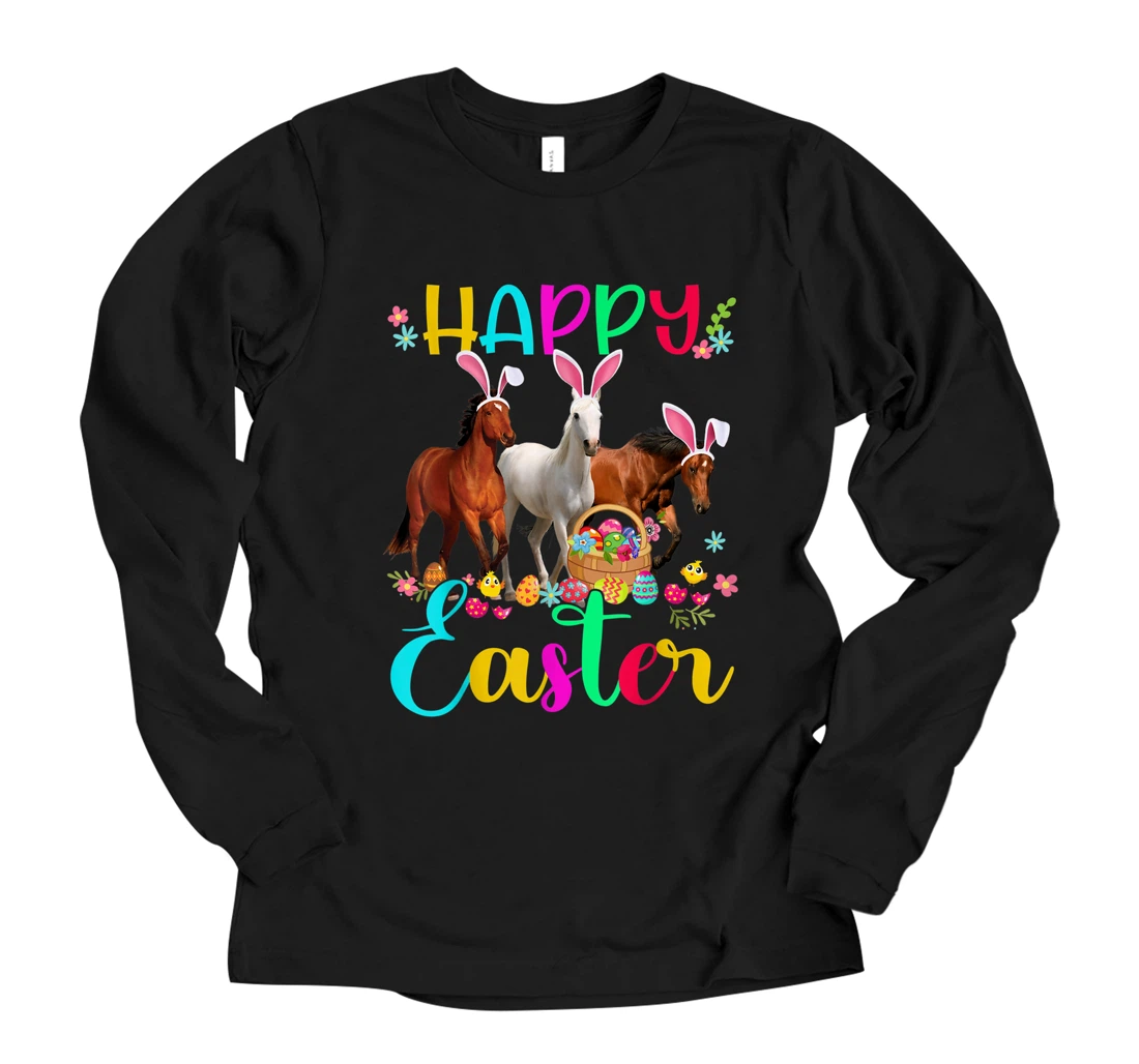 Personalized Happy Easter Horse Lover Three Horse Wearing Bunny Ear Long Sleeve T-Shirt