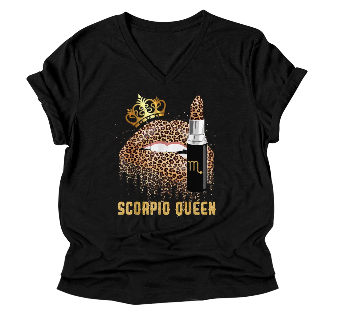 Personalized Scorpio Queen Leopard Lips Shirt Scorpio V-Neck T-Shirt