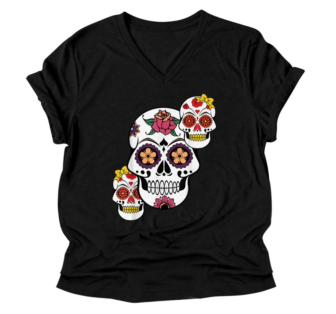 Sugar Skull Family Mothers Day Fathers Day Day of the Dead V-Neck T-Shirt