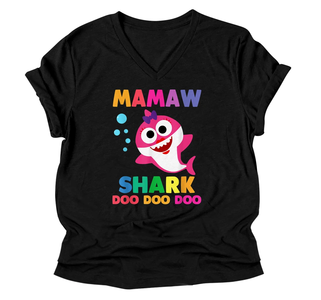Personalized Mamaw Shark V-Neck T-Shirt Doo Doo Funny Baby Mommy Kids V-Neck T-Shirt