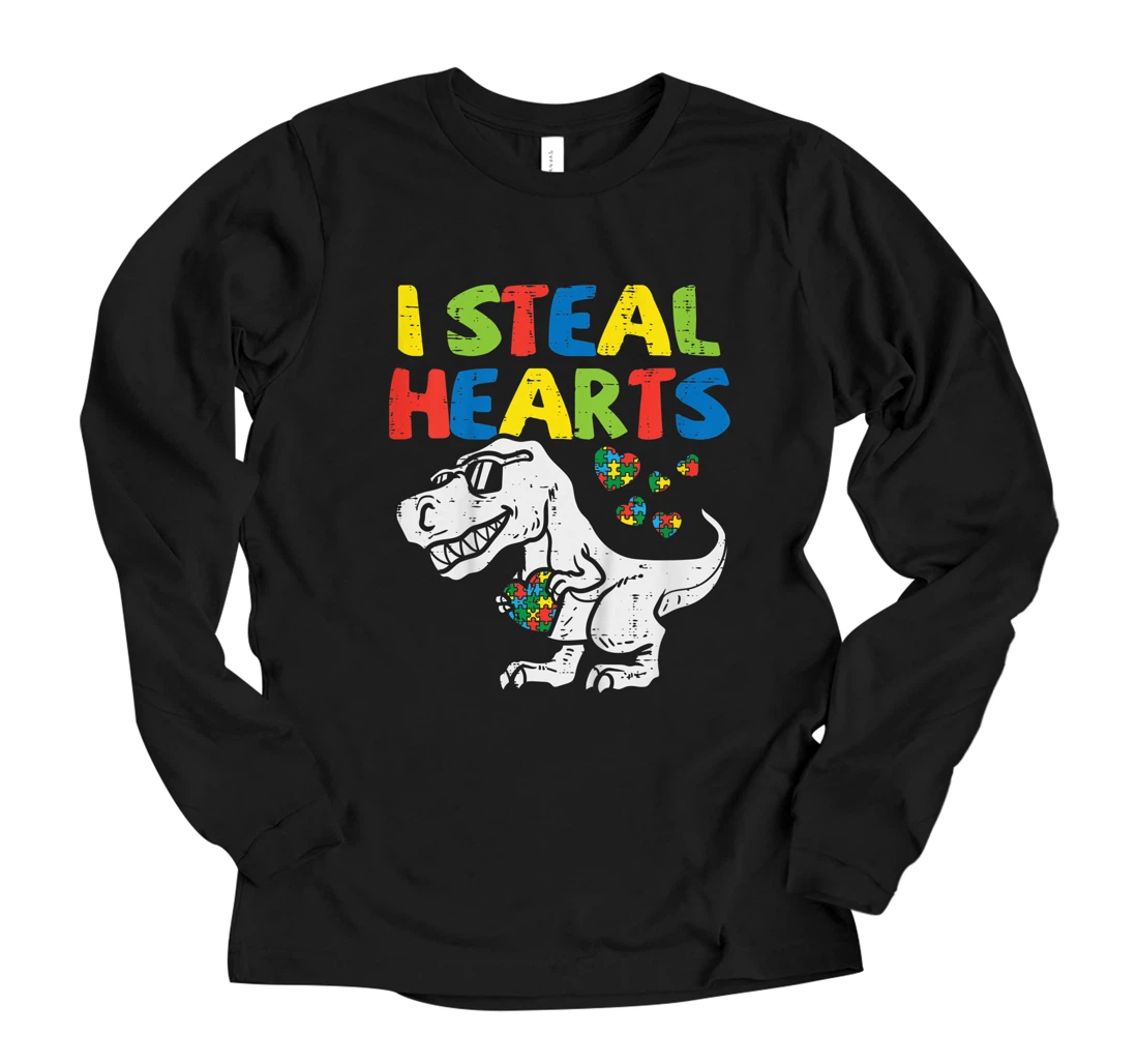 Personalized Kids I Steal Hearts Trex Dinosaur Toddler Autism Awareness Boys Long Sleeve T-Shirt