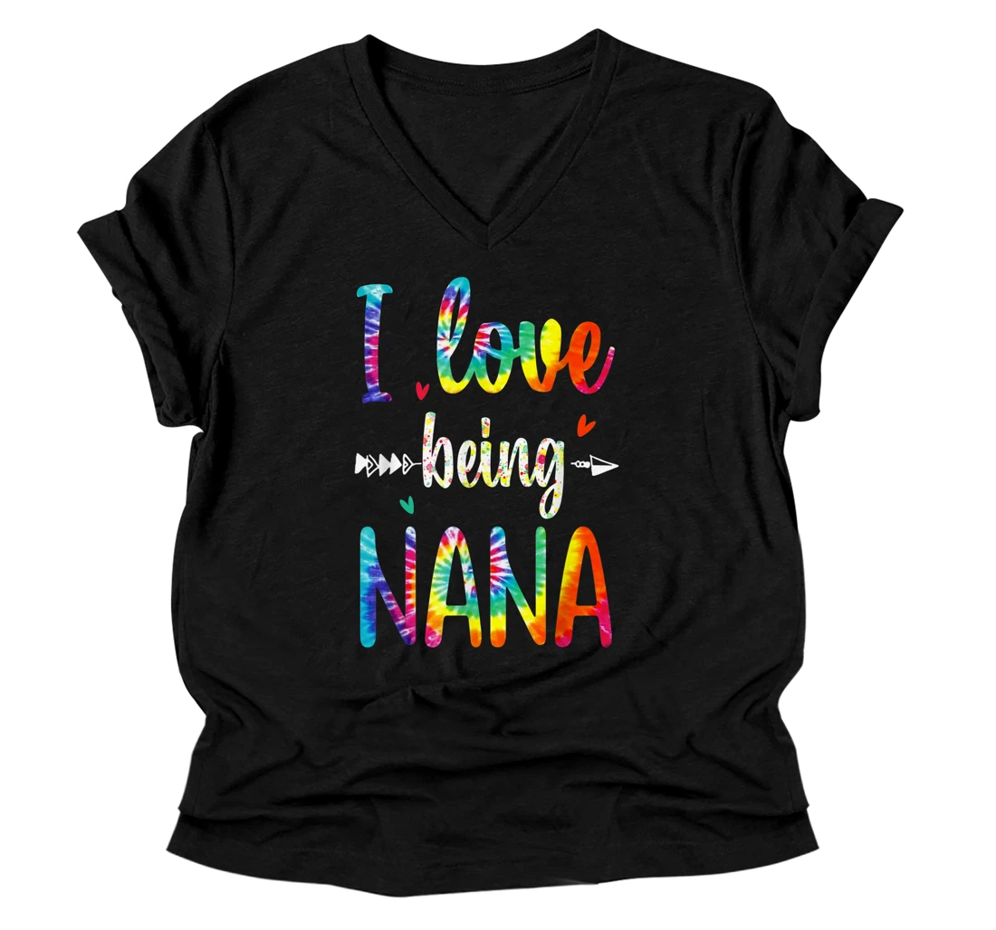 Personalized I Love Being Nana Tie Dye Family Gift V-Neck T-Shirt