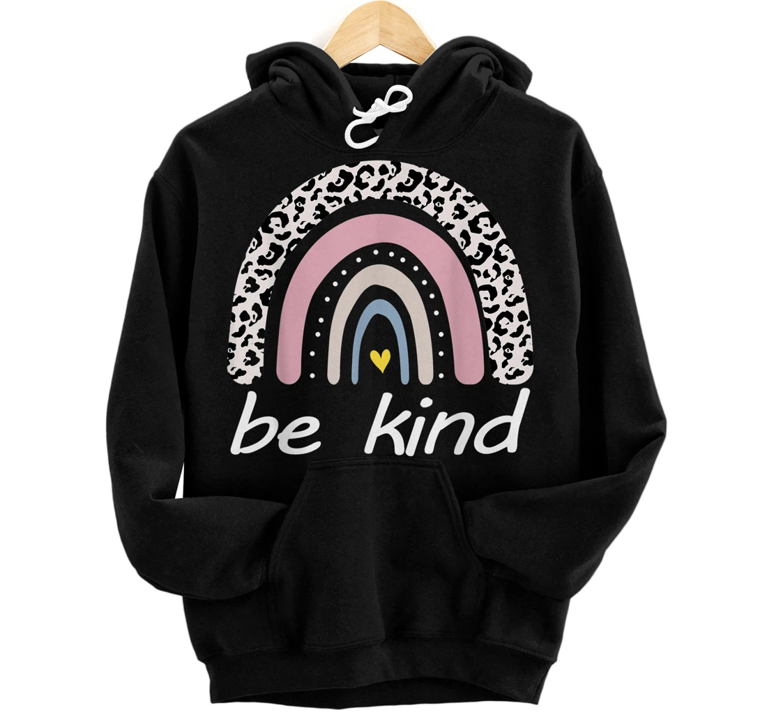 Be Kind Cute Graphic Leopard Rainbow Womens Kids Girls Front and Back Print Pullover Hoodie