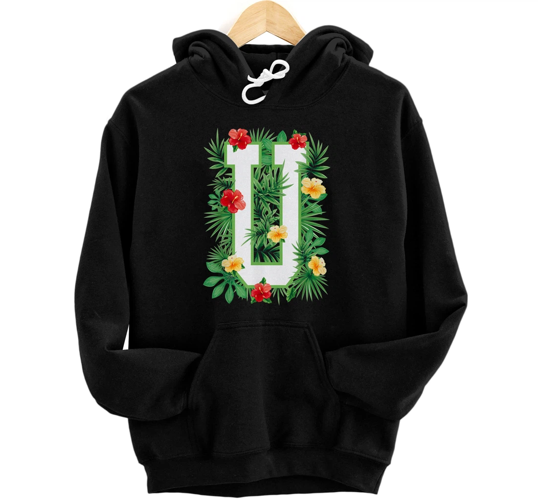 Capital Letter U Alphabet Monogram Initial Flower Gardener Front and Back Print Pullover Hoodie