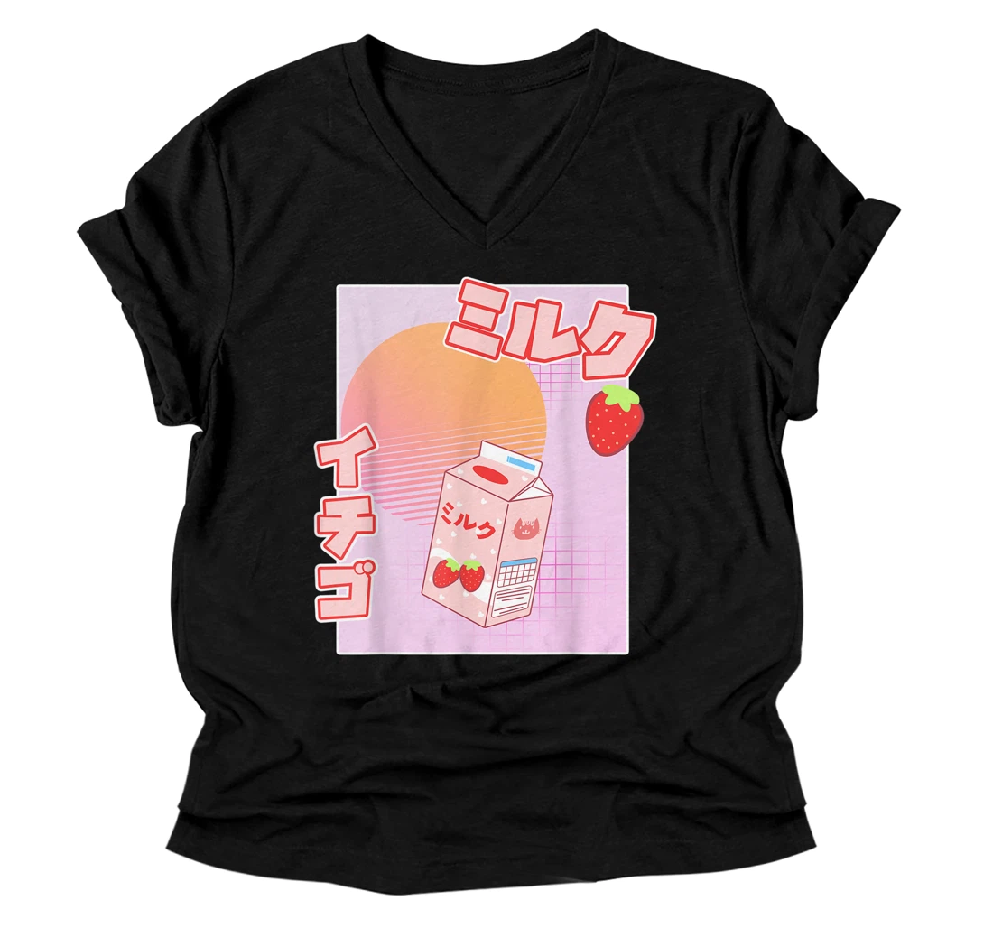 Kawaii Strawberry Milk Cute Chibi Pastel Japanese Design V-Neck T-Shirt