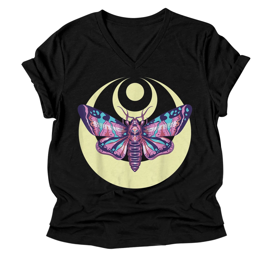 Moth And Crescent Moon Witchy Pastel Goth Witchy Celestial V-Neck T-Shirt