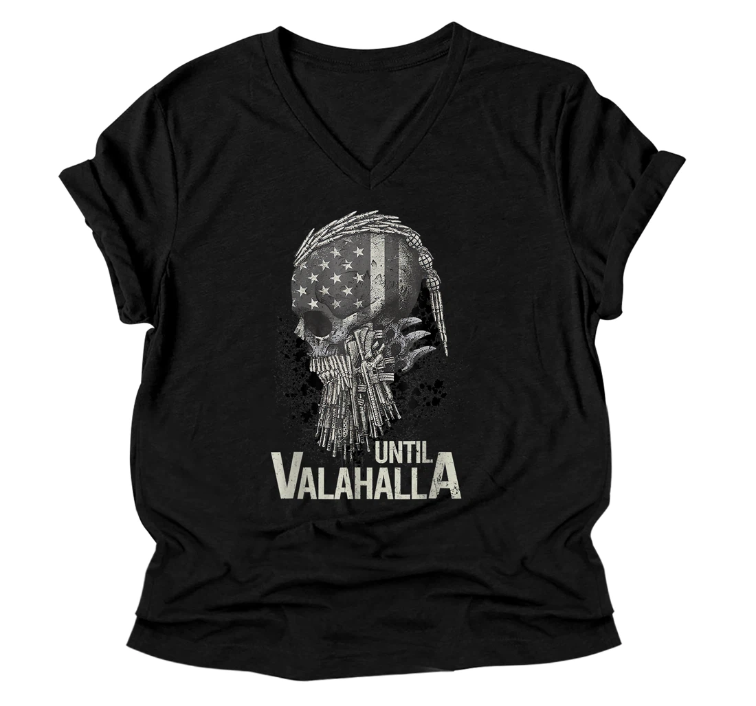 Until Valhalla, Skull American Flag, Until Valhalla V-Neck T-Shirt