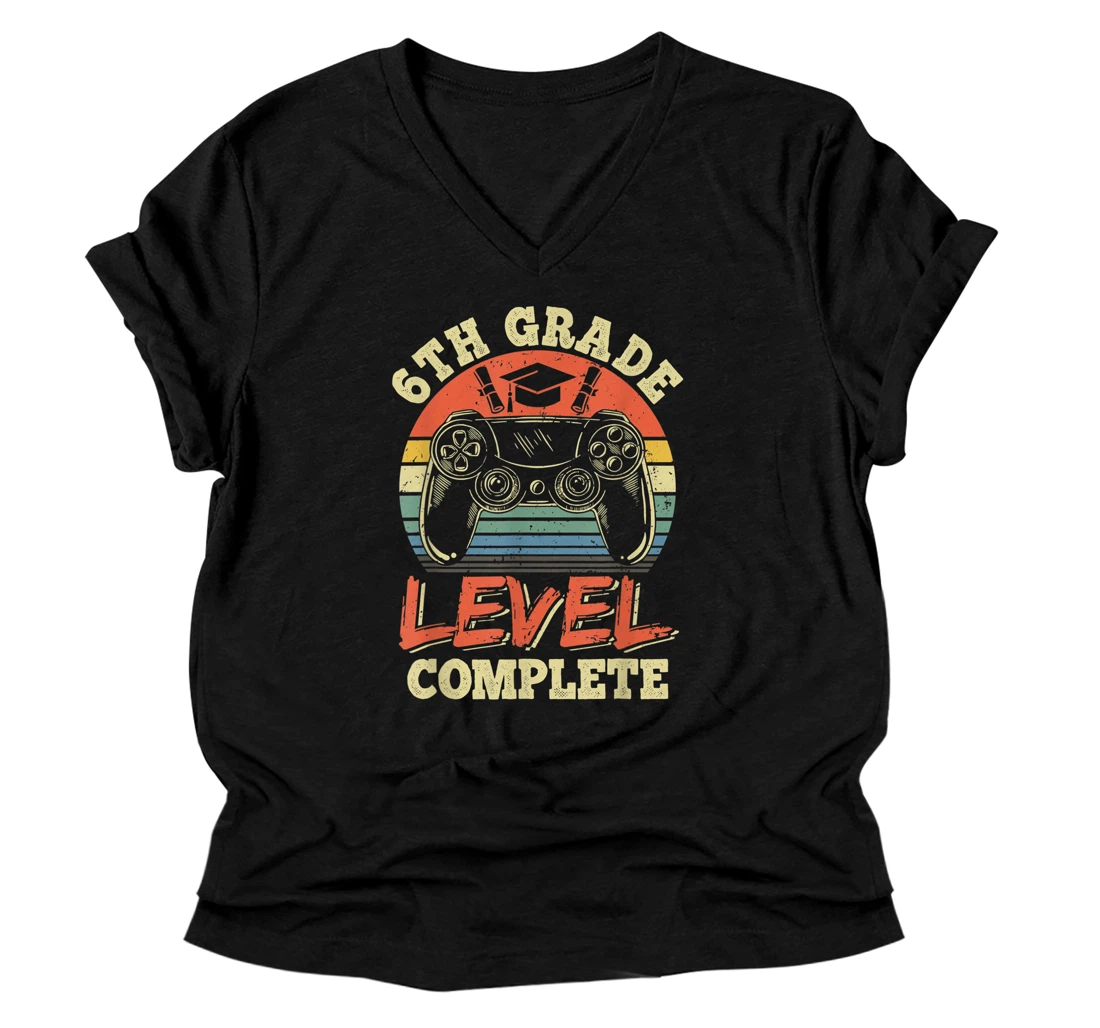 Vintage Graduation 6th Grade Level Complete Unlocked Gamer V-Neck T-Shirt