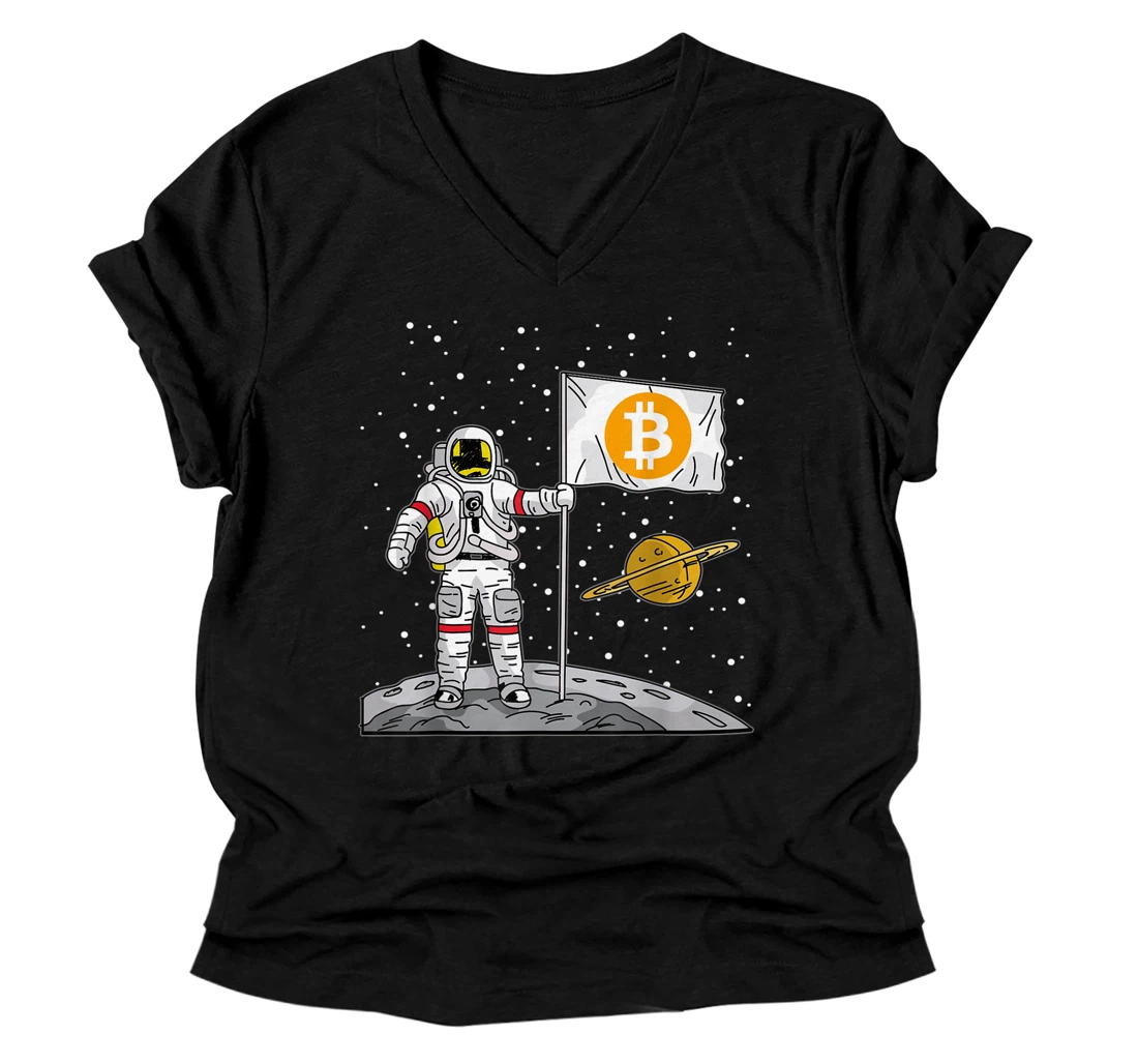 Bitcoin Astronaut To The Moon Blockchain Crypto Fan V-Neck T-Shirt