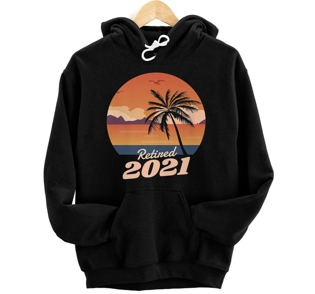 Retired 2021 | Cool Retro Sunset Palmtree Retirement Premium Front and Back Print Pullover Hoodie