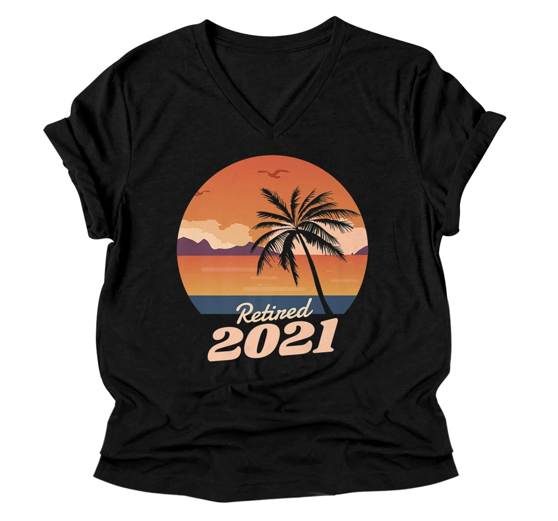 Retired 2021 | Cool Retro Sunset Palmtree Retirement Premium V-Neck T-Shirt