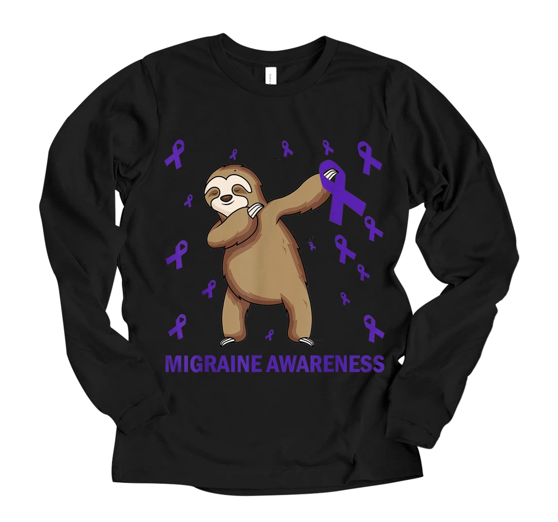 Dabbing Sloth Blue Ribbon - Migraine Awareness Long Sleeve T-Shirt