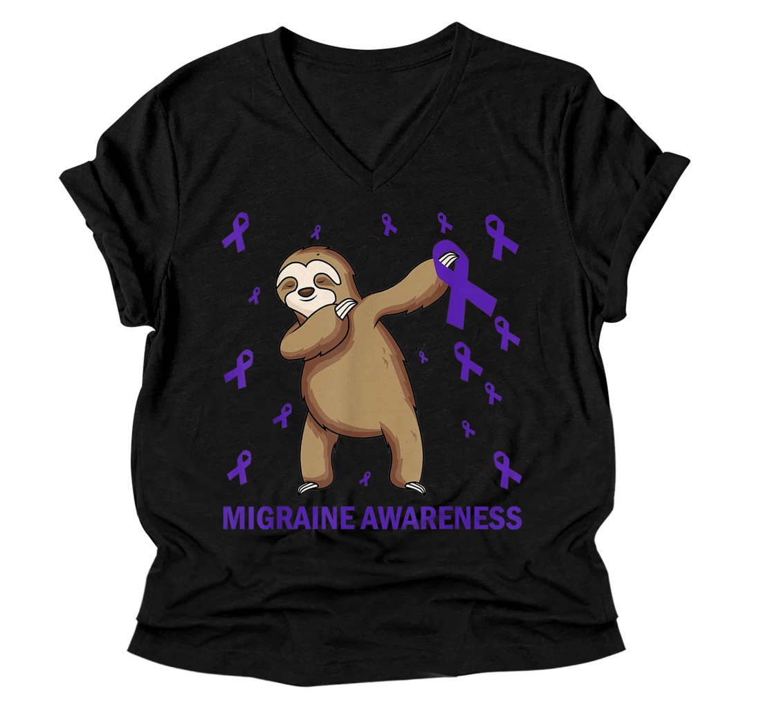 Dabbing Sloth Blue Ribbon - Migraine Awareness V-Neck T-Shirt