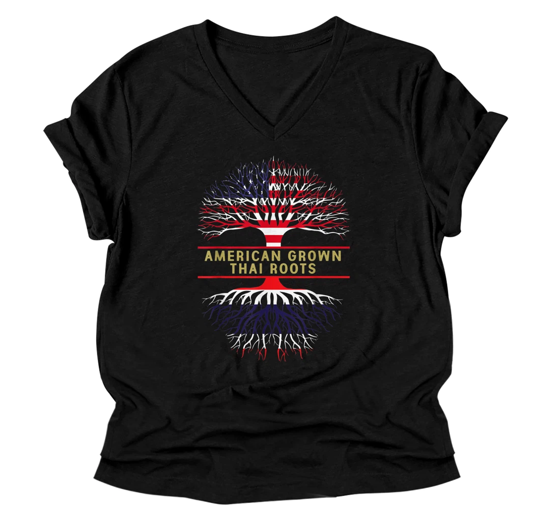 American Grown Thai Roots America Thailand Tree Flag V-Neck T-Shirt