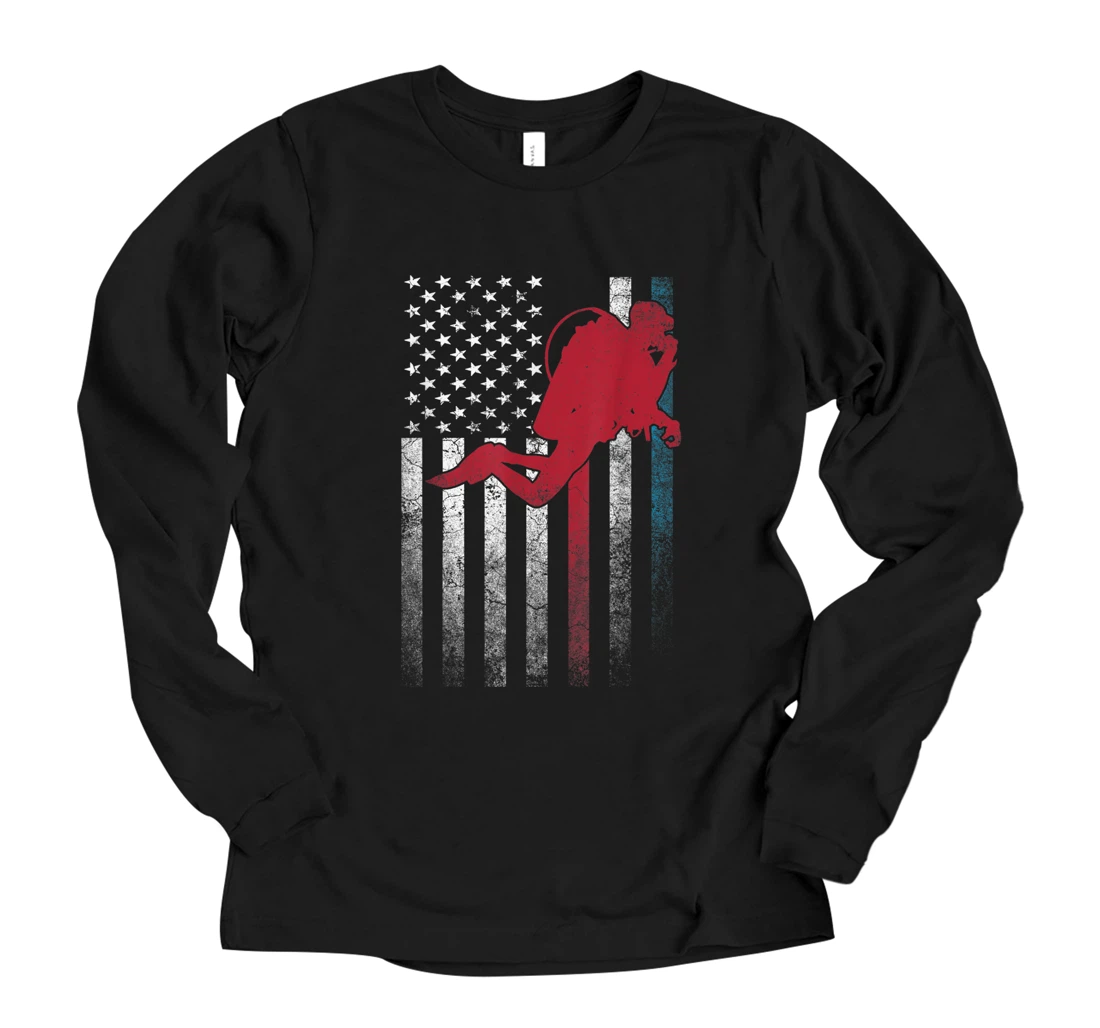 Scuba Dive Diver - 4th of July American Flag USA America Long Sleeve T-Shirt