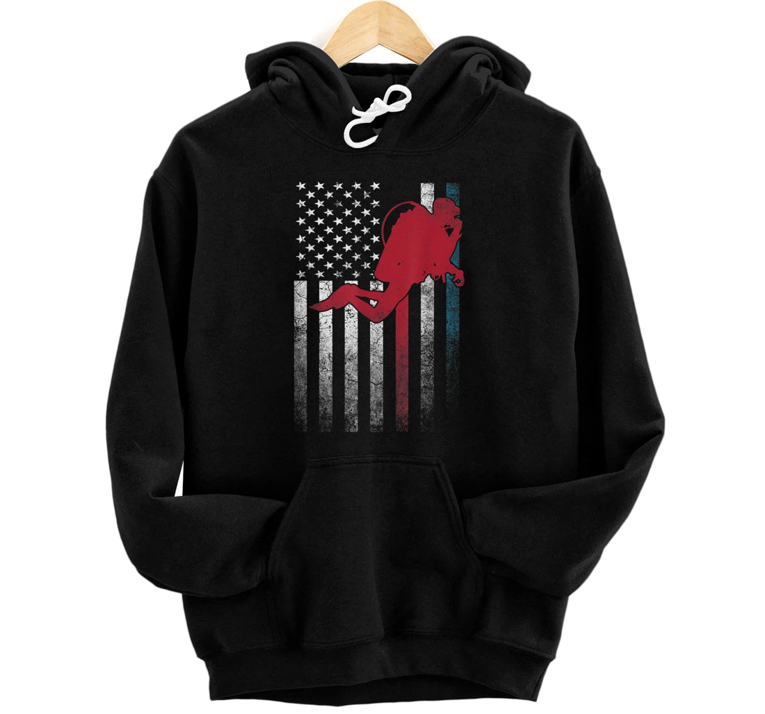 Scuba Dive Diver - 4th of July American Flag USA America Front and Back Print Pullover Hoodie