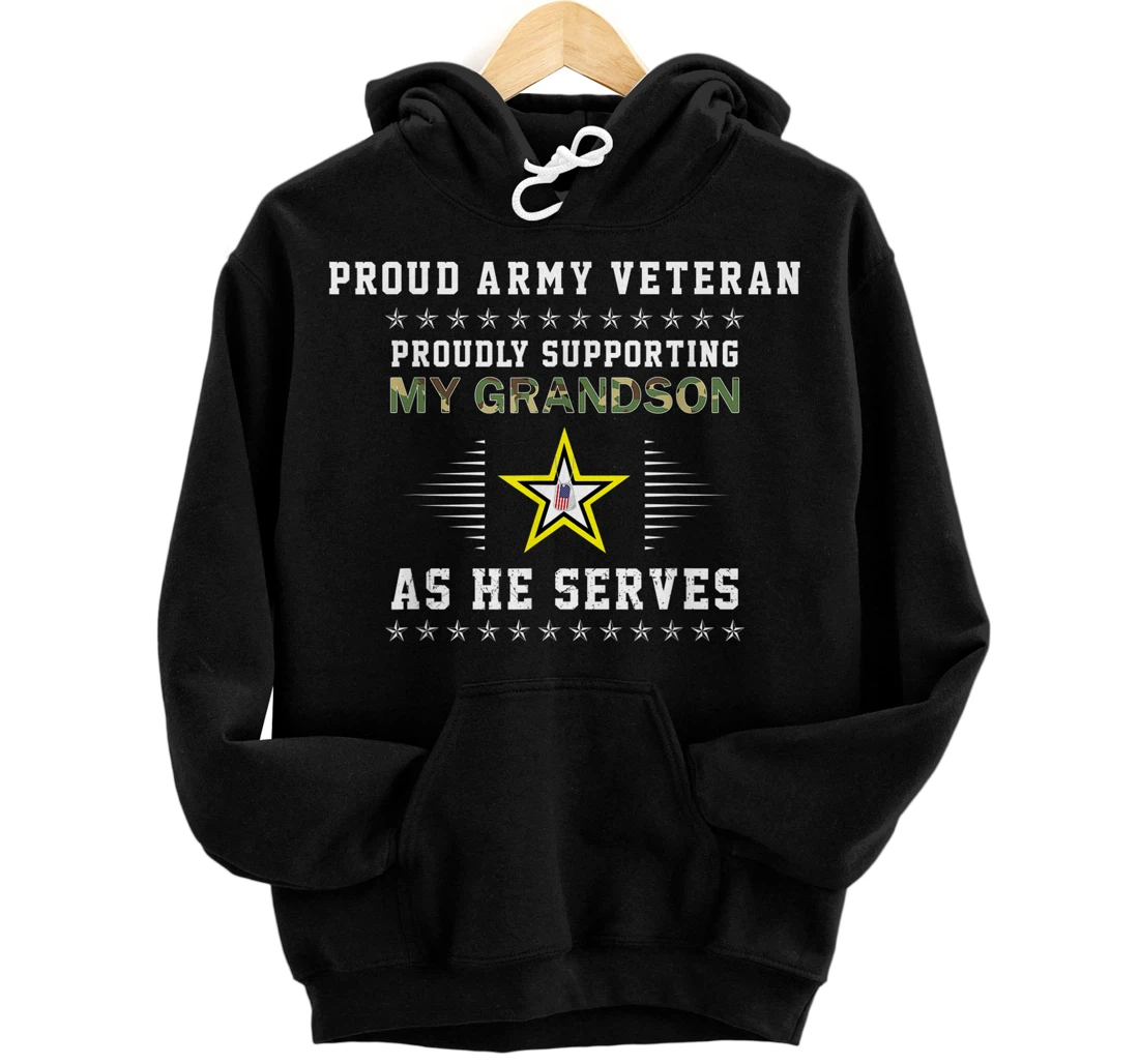 Mens Proudly Supporting Grandson As He Serves-Proud Army Veteran Front and Back Print Pullover Hoodie