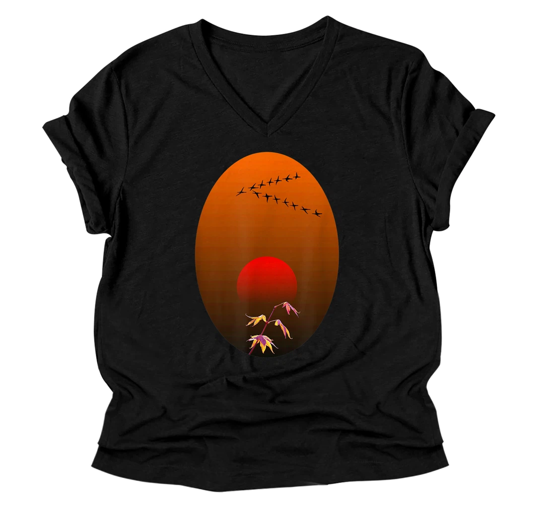 Japanese Art Birds Red Japan Sun Asian Minimalist Aesthetic V-Neck T-Shirt