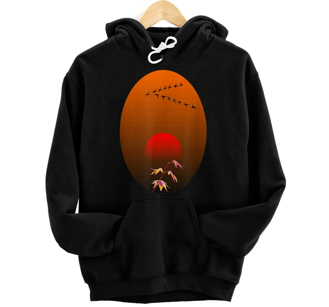 Japanese Art Birds Red Japan Sun Asian Minimalist Aesthetic Front and Back Print Pullover Hoodie