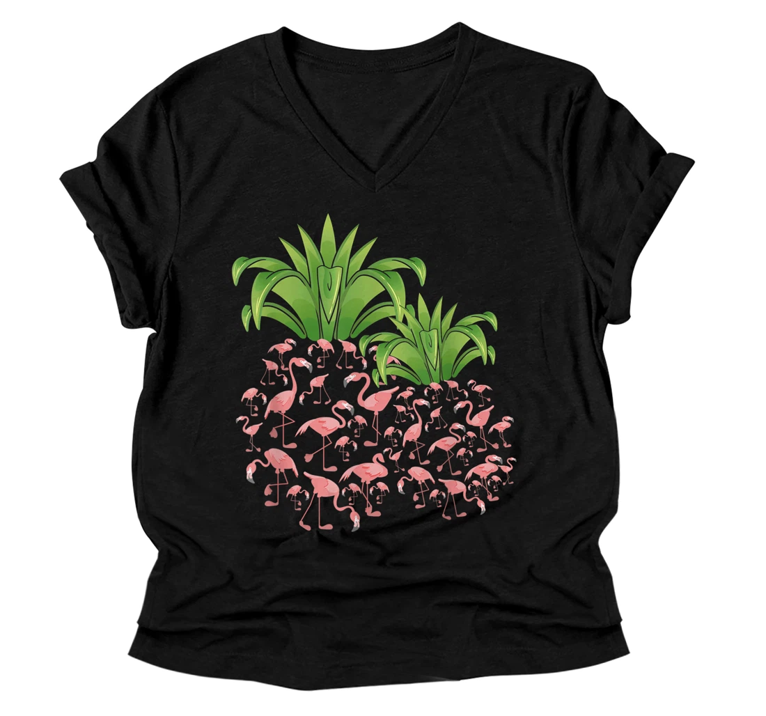 Zoo Animal Exotic Bird Pineapple Tropical Pink Flamingo V-Neck T-Shirt