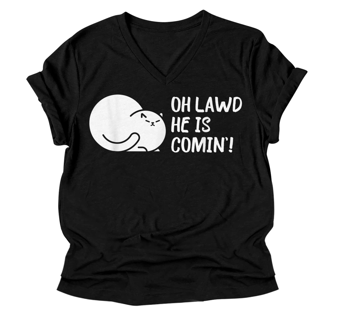 Chonk Cat Oh Lawd He Comin Funny Scale Meme V-Neck T-Shirt