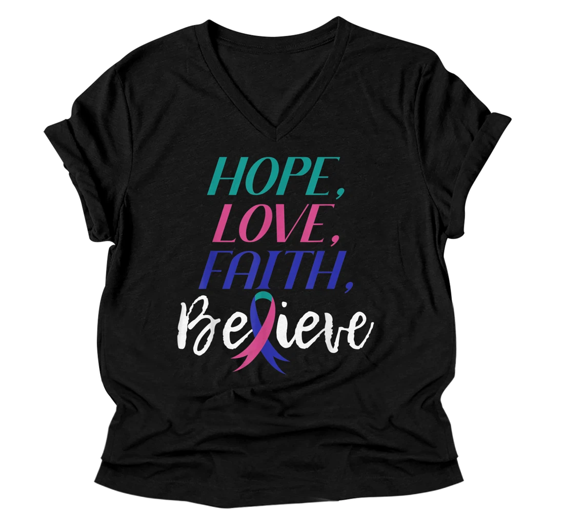 Hope Love Faith Believe Thyroid Cancer Awareness V-Neck T-Shirt