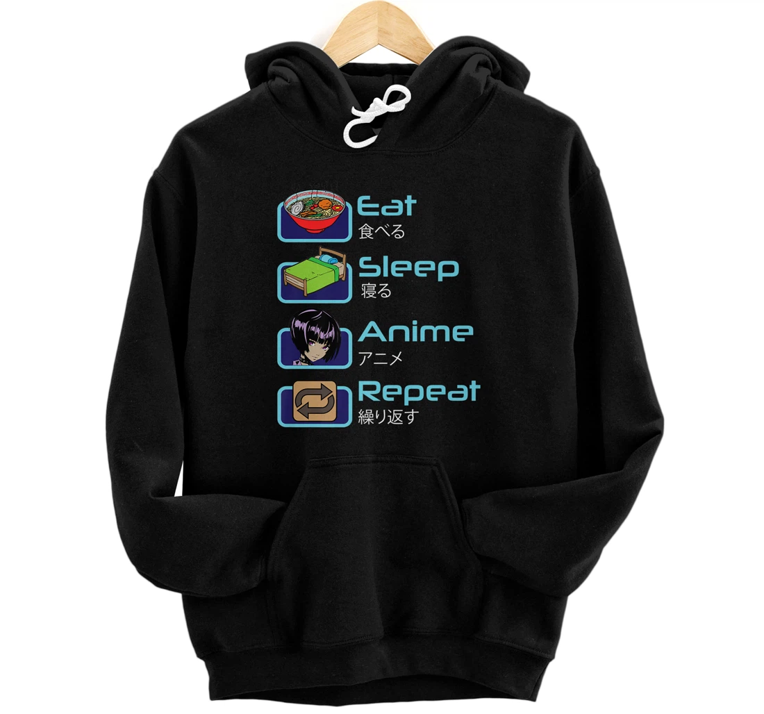 Eat Sleep Anime Repeat Kawaii Manga Premium Front and Back Print Pullover Hoodie