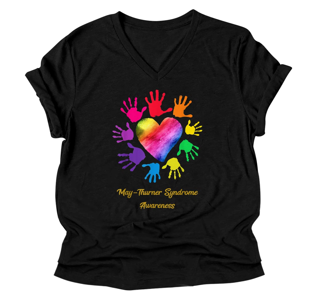 We Wear Rainbow Heart For May-Thurner Syndrome MTS Awareness V-Neck T-Shirt