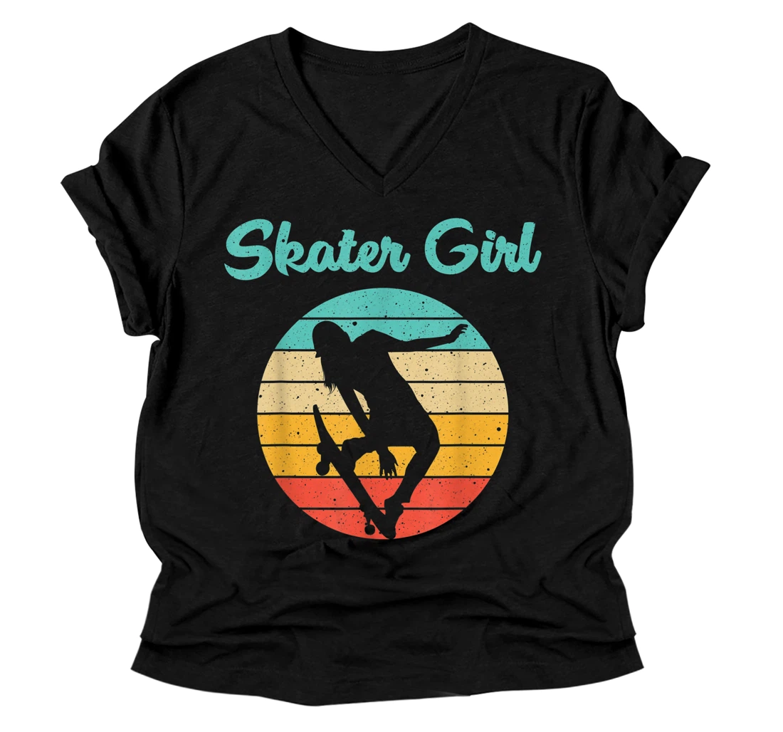 Funny Skater Gift For Girls Women Skateboard Skateboarding V-Neck T-Shirt