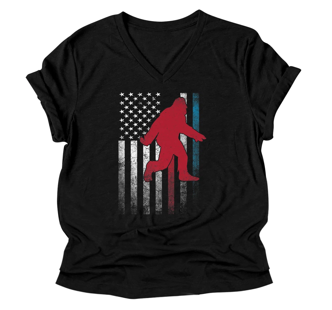 Bigfoot Sasquatch - 4th of July American Flag USA America Premium V-Neck T-Shirt