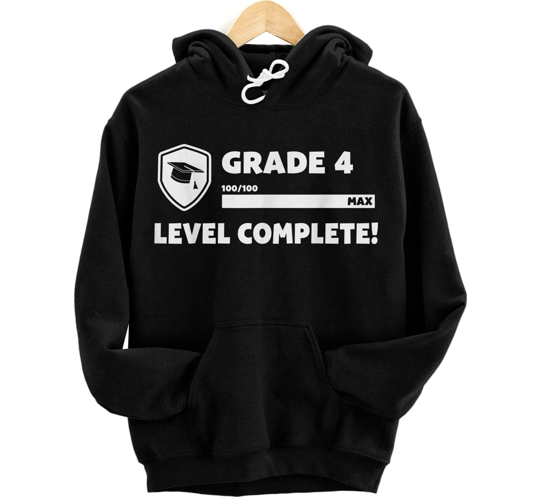 Grade 4 Level Complete Funny Graduate Gaming Student Front and Back Print Pullover Hoodie