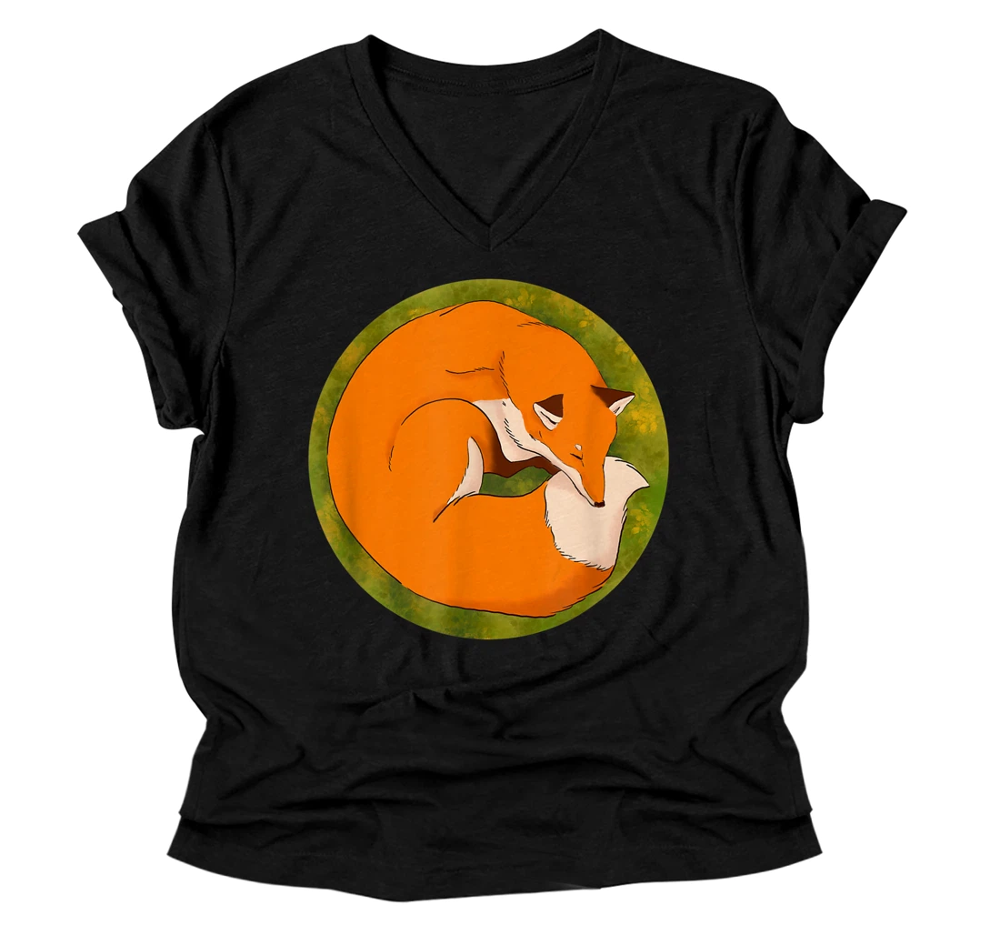 Beautiful Fox Sleeping in the Forest V-Neck T-Shirt