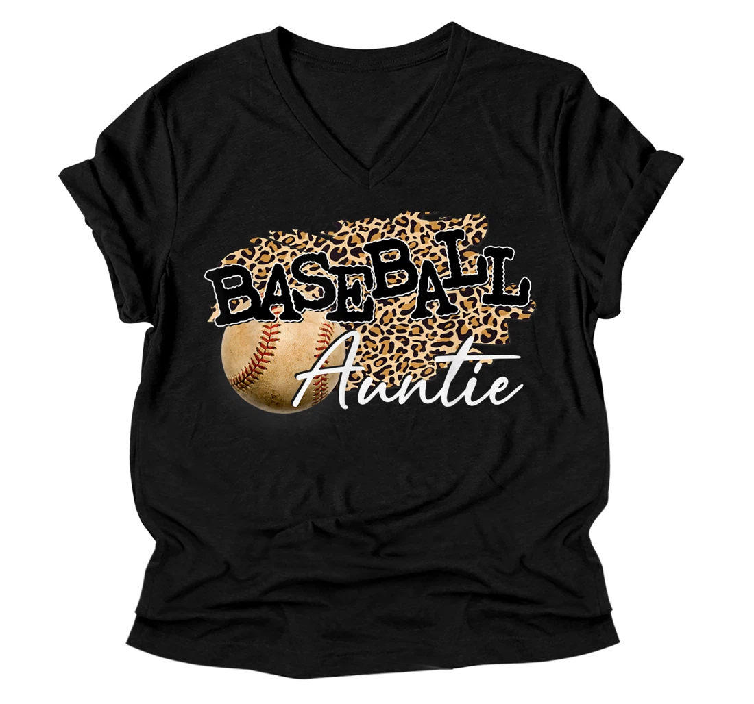 Baseball Auntie Leopard Mother's Day V-Neck T-Shirt