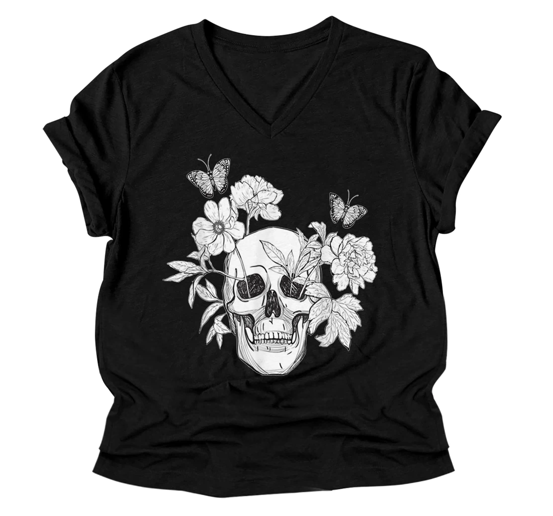 Flower Skull V-Neck T-Shirt Sugar Skull Roses for Women Girls, Mens V-Neck T-Shirt