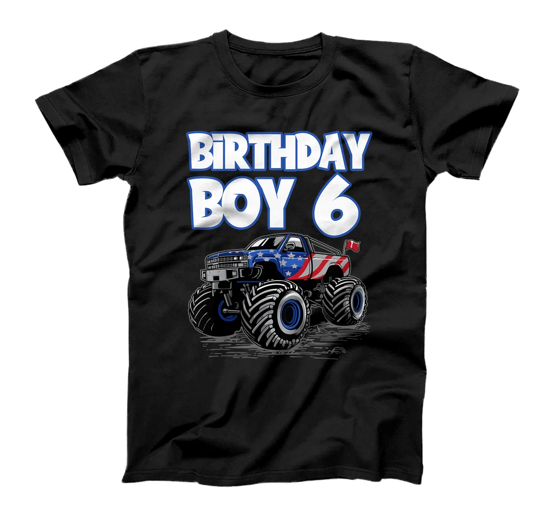 Kids Birthday Boy Monster Truck With American Flag 6th birthday T-Shirt, Kid T-Shirt