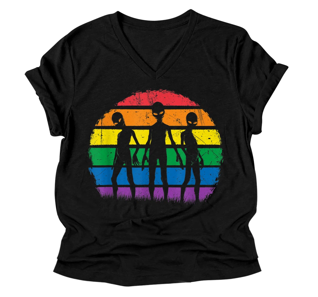 Personalized Gay Aliens Trio LGBT Pride Month Rainbow Flag Equality UFO V-Neck T-Shirt