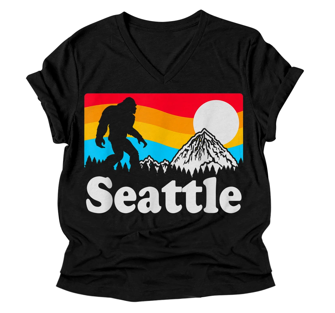 Personalized Seattle Washington Retro Vintage Bigfoot Mountains V-Neck T-Shirt