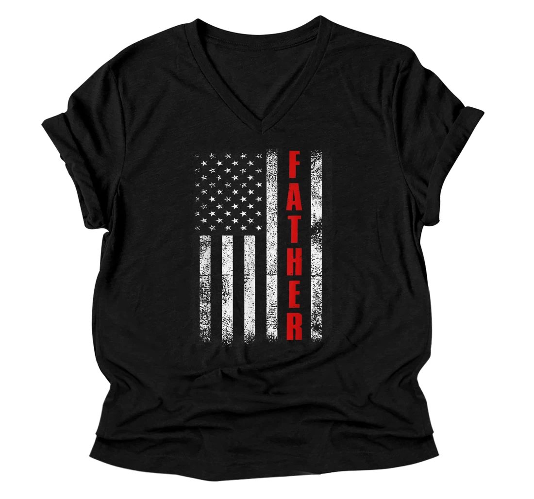 Personalized American Flag US father Dad tee shirt Fathers day V-Neck T-Shirt