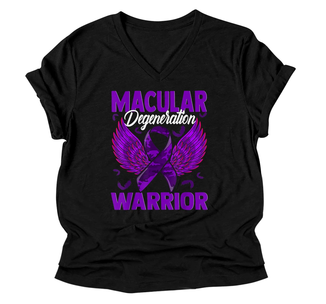 Personalized Macular Degeneration Awareness Memory Related Purple Ribbon V-Neck T-Shirt