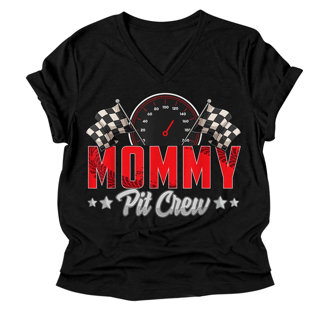 Personalized Race Car Birthday Party Racing Family Mommy Pit Crew V-Neck T-Shirt