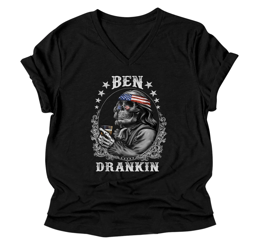 Personalized Ben Drankin Skull, 4th of July V-Neck T-Shirt, Veteran V-Neck T-Shirt V-Neck T-Shirt