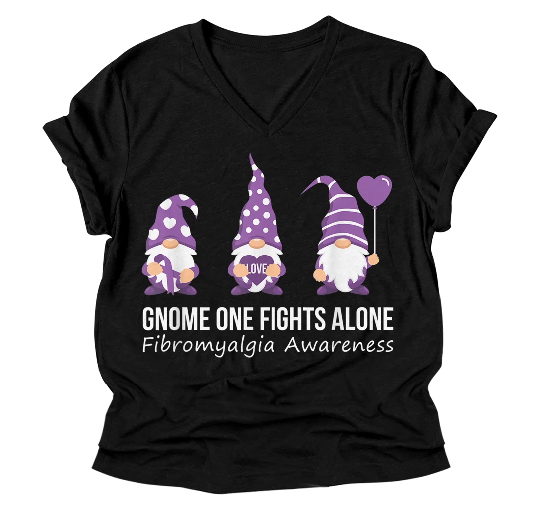 Personalized Gnome One Fights Alone Shirt Fibromyalgia Awareness Warrior V-Neck T-Shirt