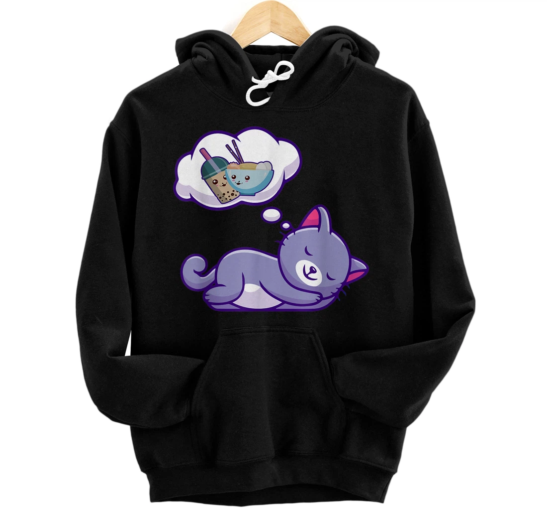 Personalized Cat Dreaming of Ramen And Boba - Funny Kawaii Cat Lover Pullover Hoodie