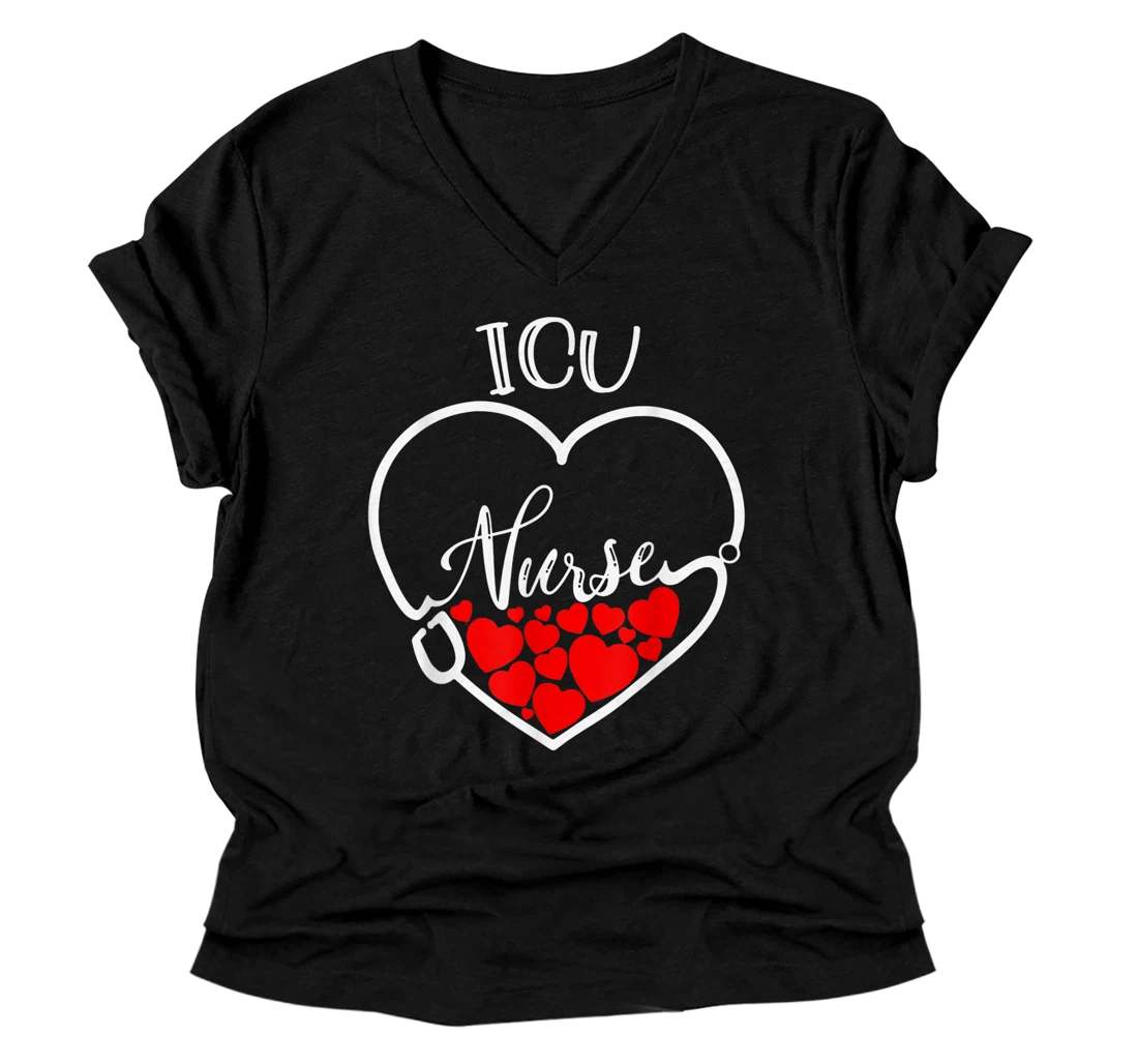 Personalized Womens ICU Nurse's Day,Mother's Day Stethoscope Heart V-Neck T-Shirt