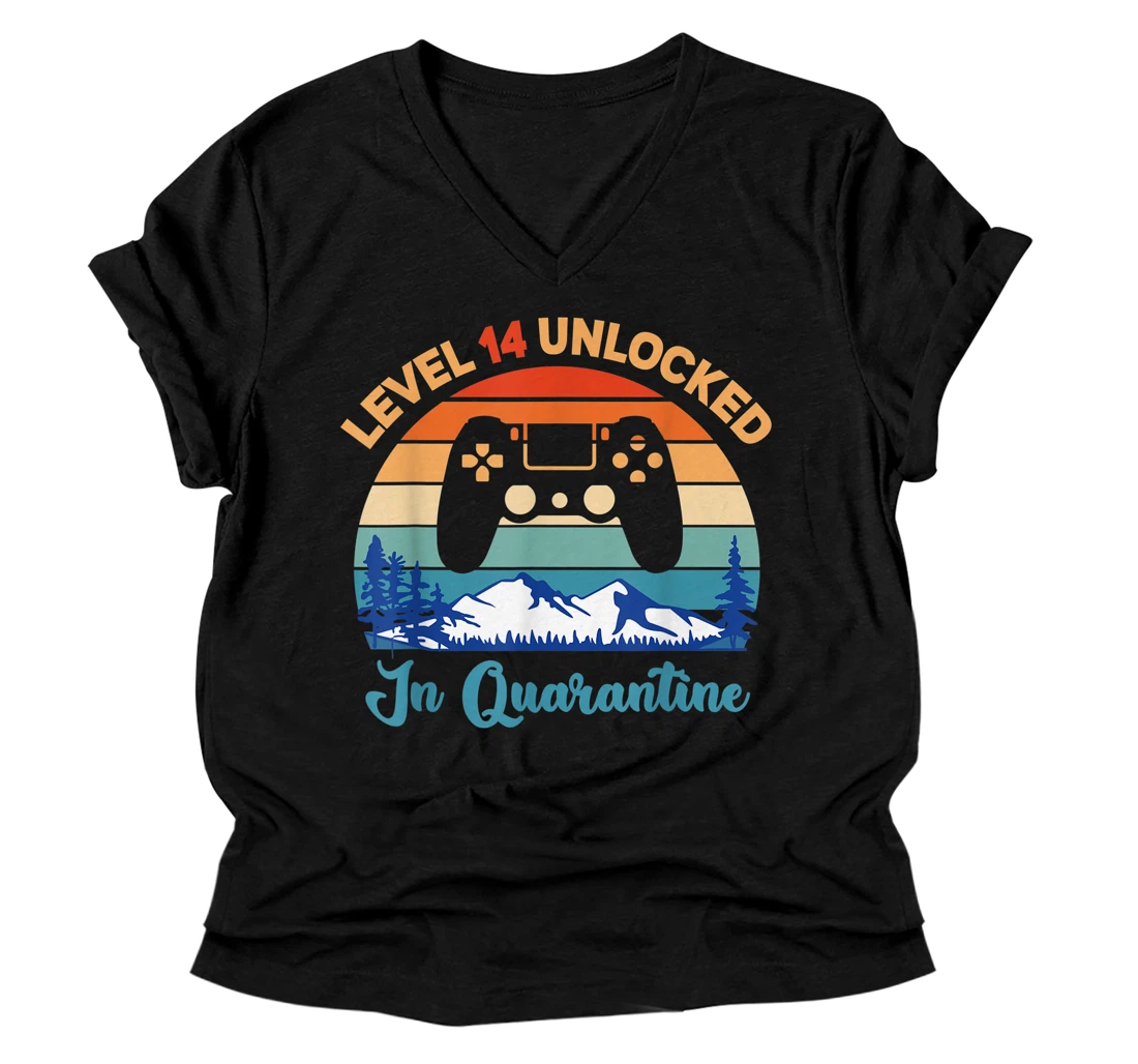 Vintage Birthday Tee Level 14 Unlocked In Quarantine V-Neck T-Shirt V-Neck T-Shirt