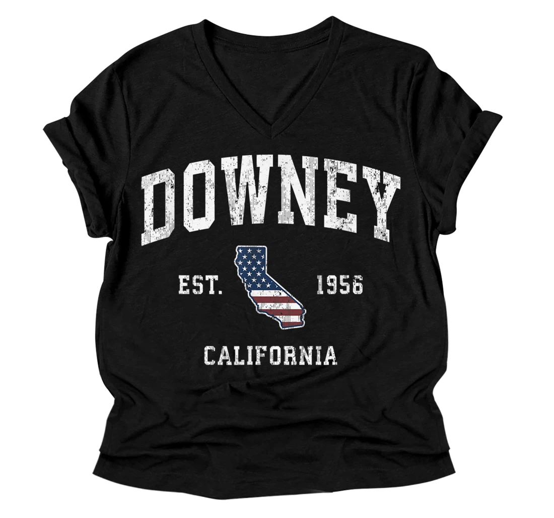 Personalized Downey California CA Vintage American Flag Sports Design V-Neck T-Shirt