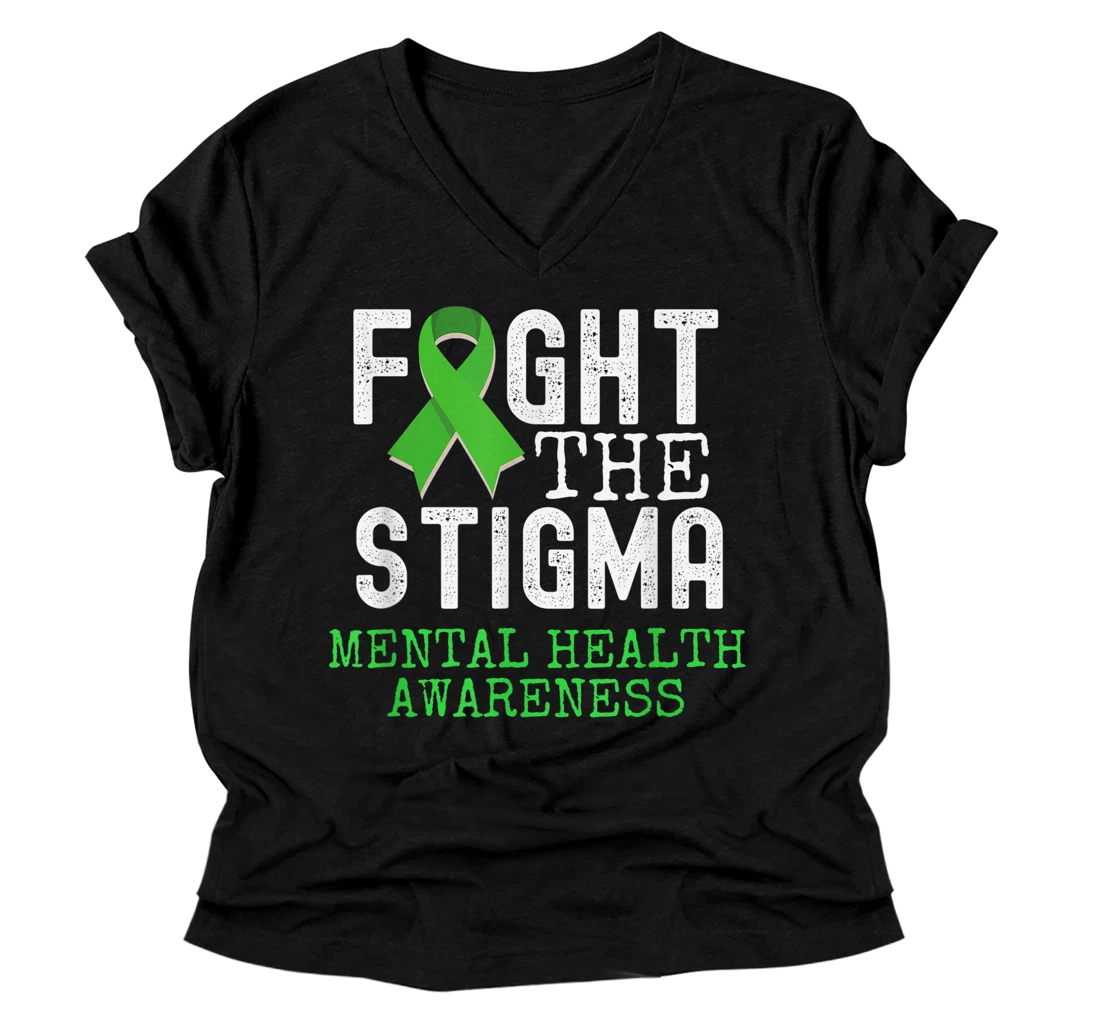 Personalized Mental Health Awareness Month, Fight he stigma, green ribbon V-Neck T-Shirt